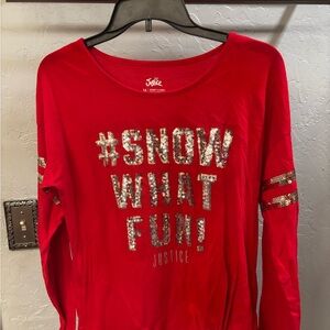 Justice Red Long Sleeve Shirt with Silver Sequin Lettering “#Snow What Fun!”